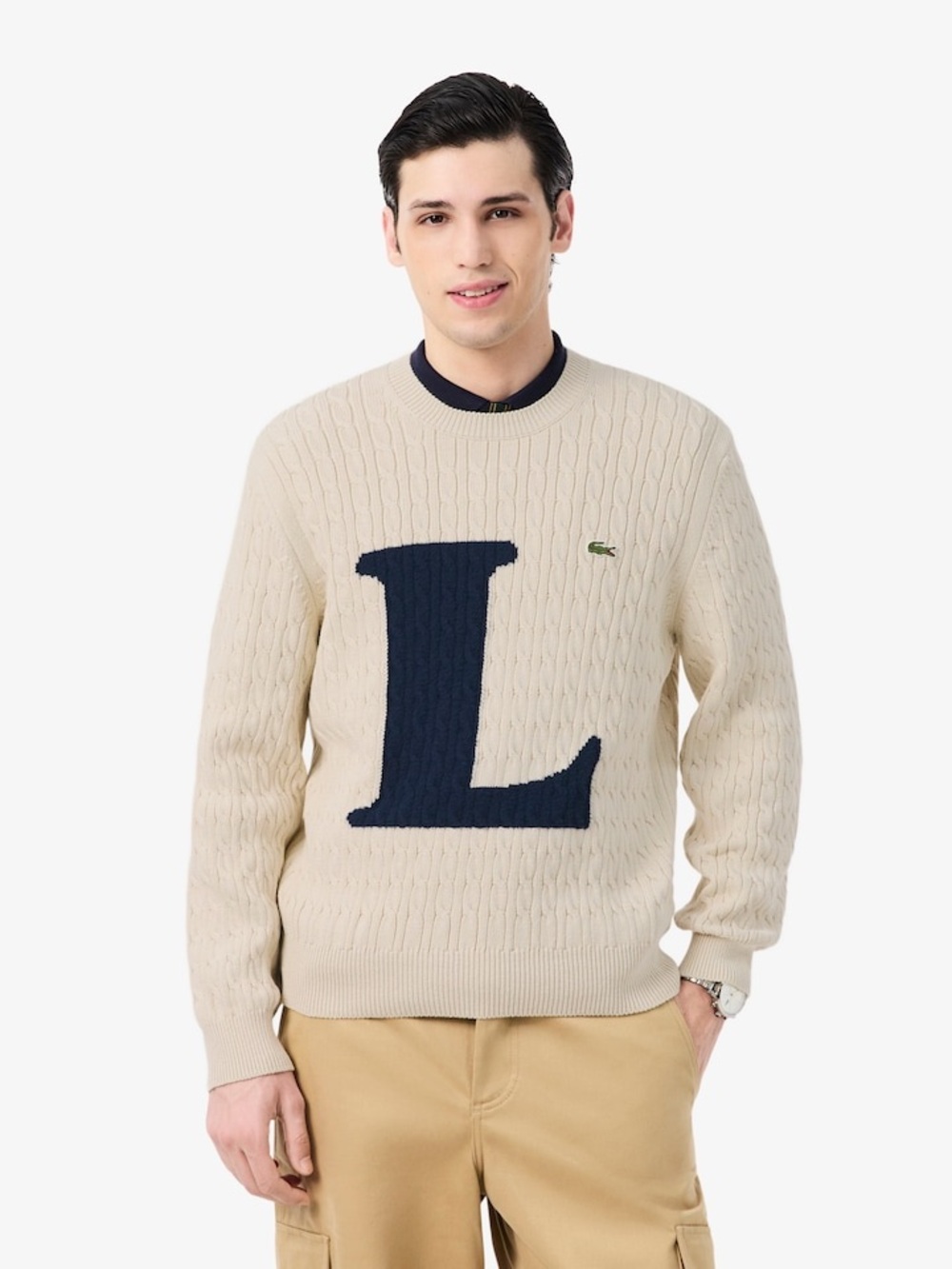 Lacoste Men's Cable-Knit Crewneck Sweater in Cream with Navy L Intarsia Cable Kn